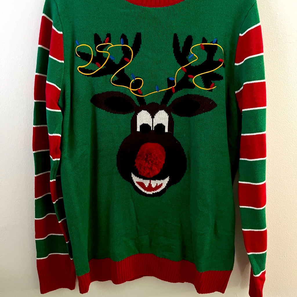 Ugly Christmas Sweater Brand Rudolph Red Nosed Reindeer With Back Image Mens L